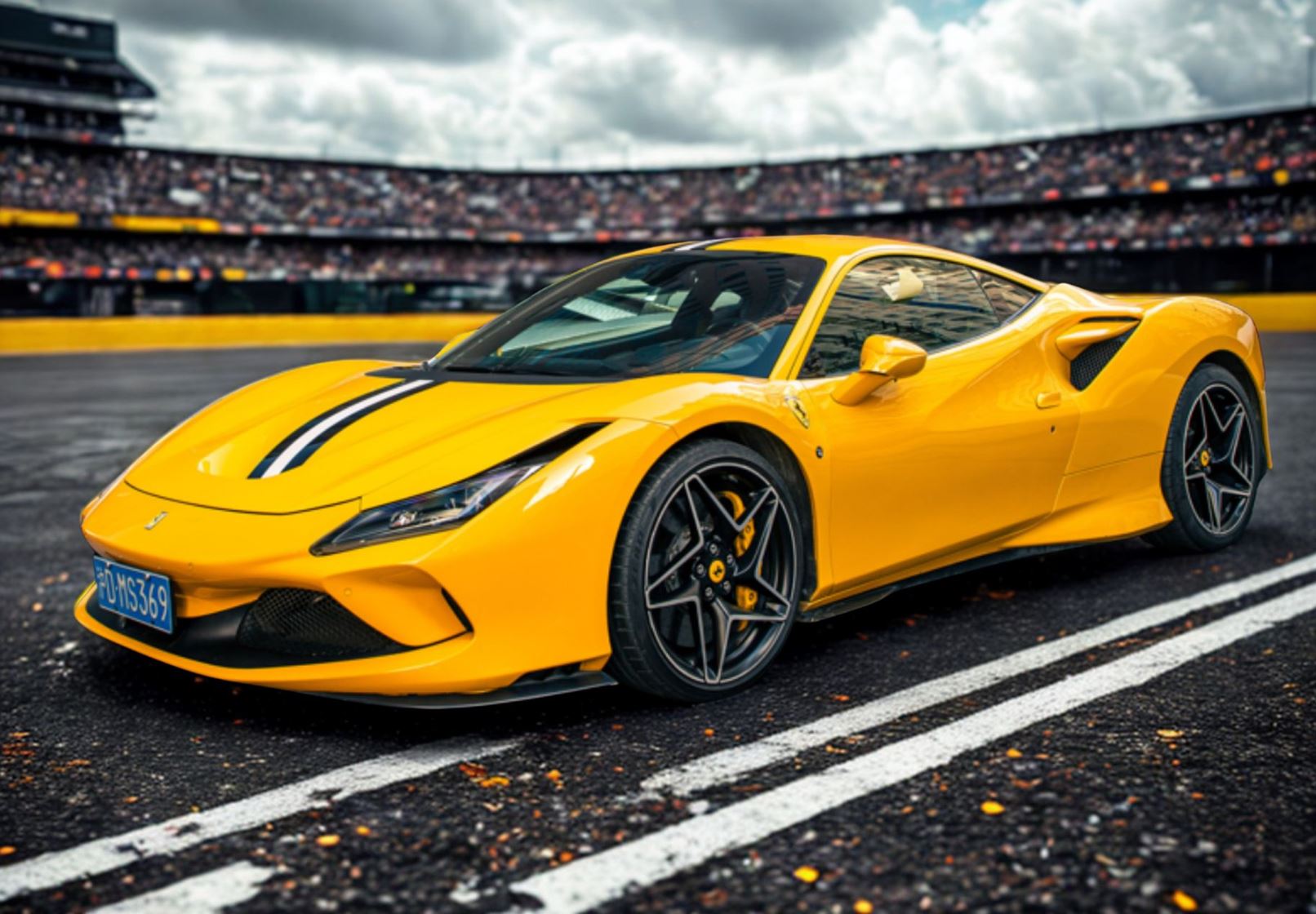 Ferrari F8 Tributo giallo tristrato with blu america and white livery