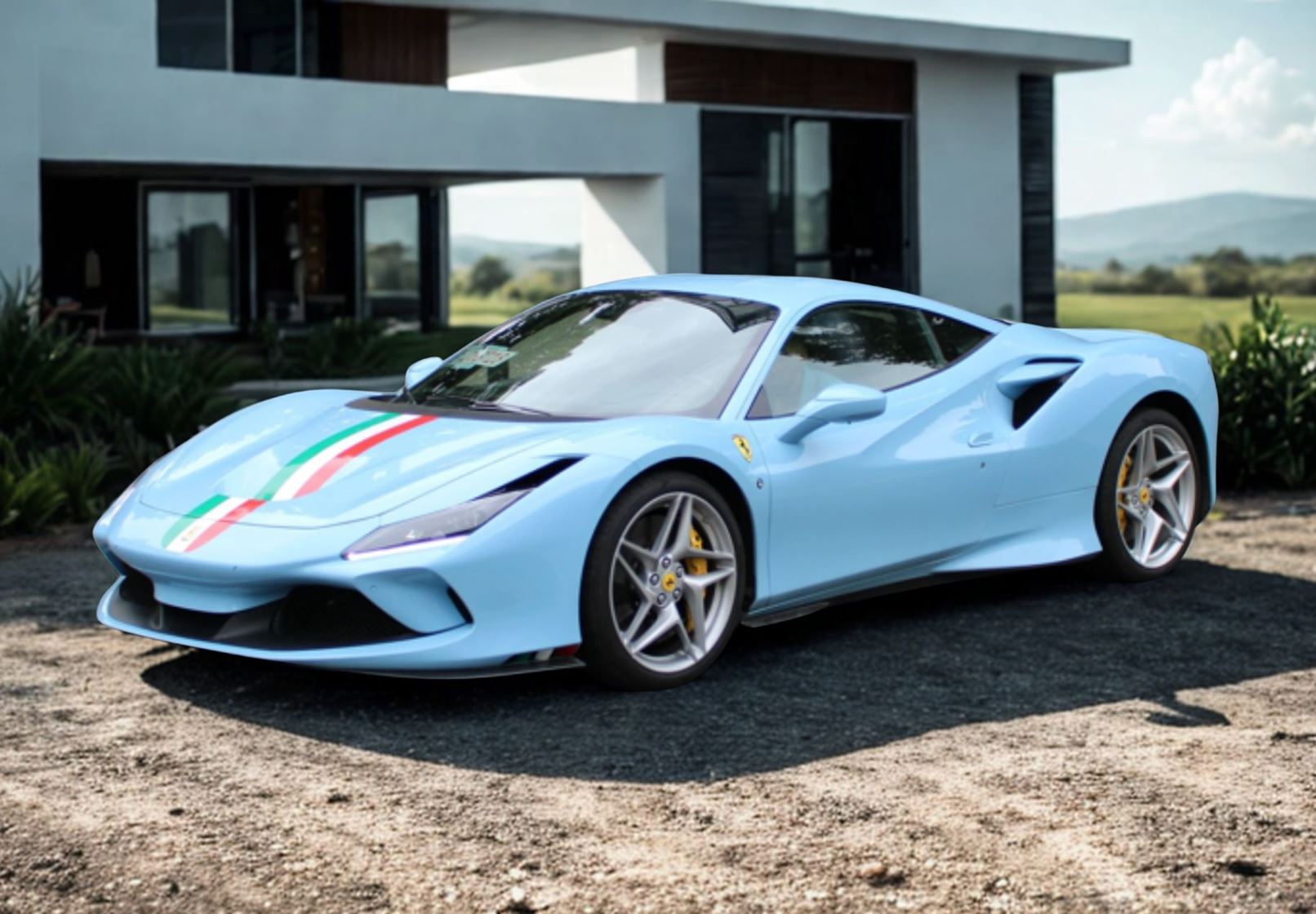 Ferrari F8 Tributo azzurro la plata with italian stripe